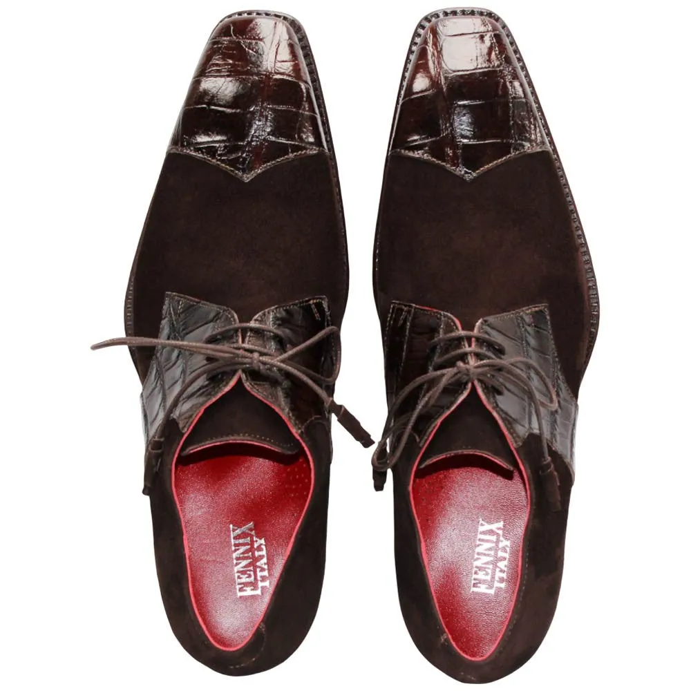 Dress Flats Shoes Fennix of Italy Genuine Alligator Skin & Suede LANDON Brown Shoes (USA Men Size)