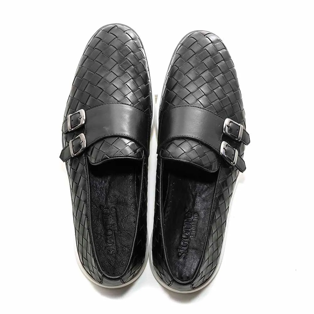 SIGOTTO UOMO Woven Double Buckle Black Soft Leather Casual Shoes Dress Shoes For Morton's Neuroma