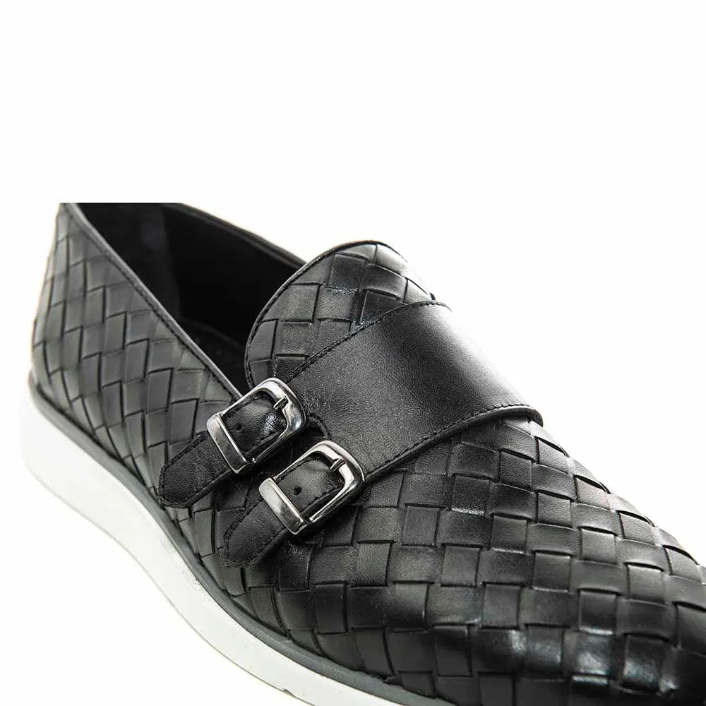 SIGOTTO UOMO Woven Double Buckle Black Soft Leather Casual Shoes Best Dress Shoes For Pregnancy