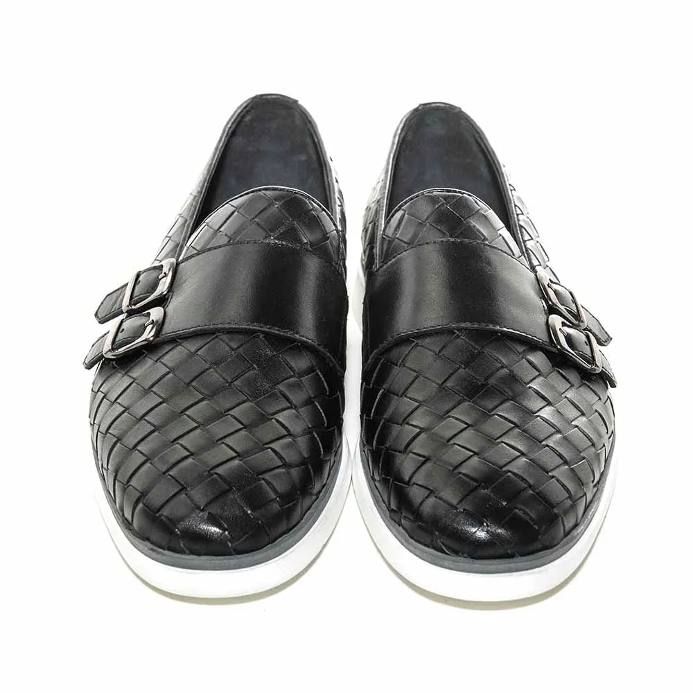 SIGOTTO UOMO Woven Double Buckle Black Soft Leather Casual Shoes Dress Shoes For Interview