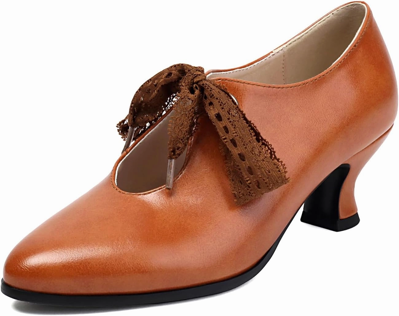 Sustainable Tennis Shoes SACFOF Women's Lace Bow Heels Mary Jane Pumps Closed Toe Low Heels Ankle Strap Wedding Evening Party Dress Shoes