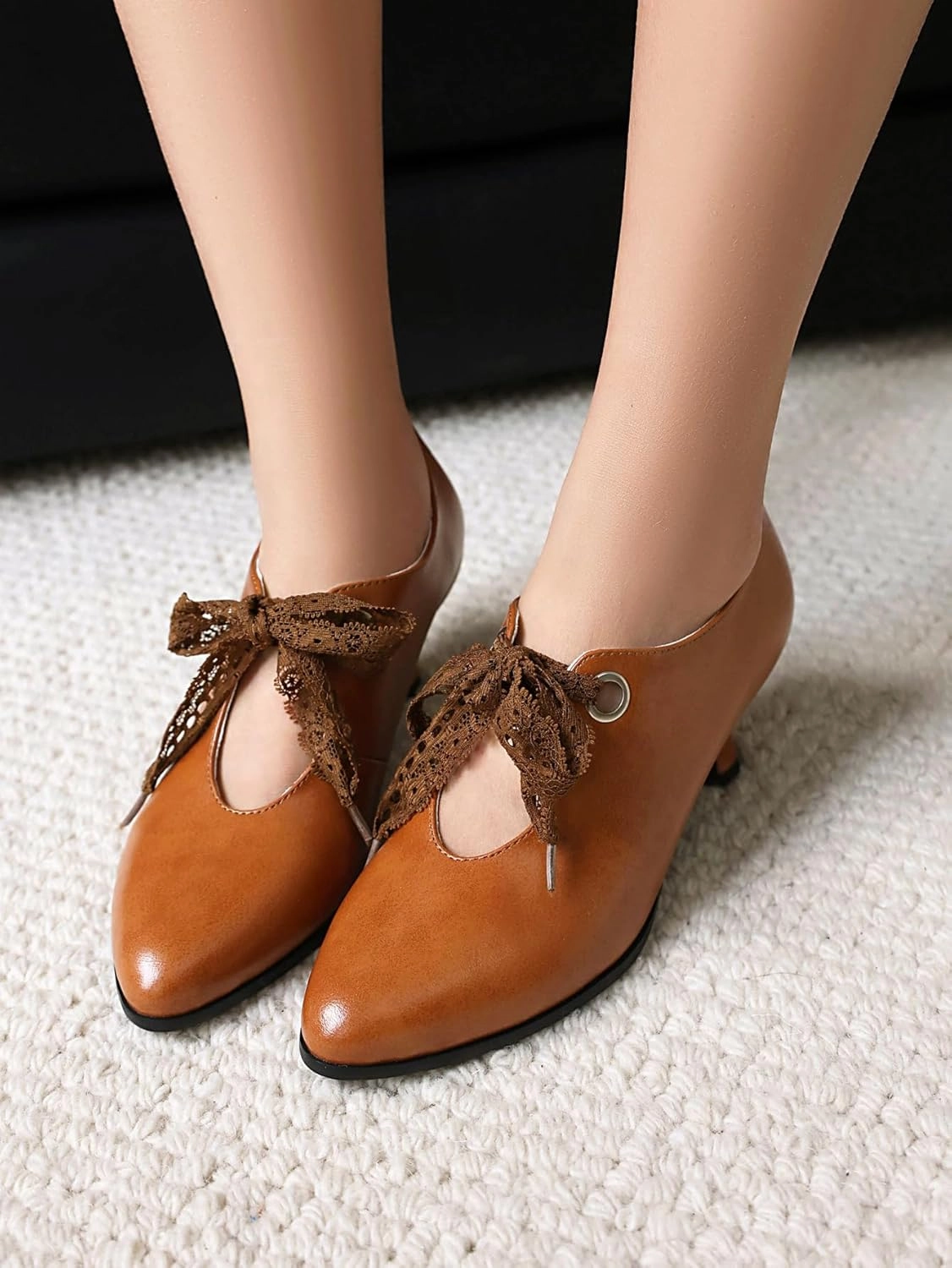 Best Tennis Court Shoes SACFOF Women's Lace Bow Heels Mary Jane Pumps Closed Toe Low Heels Ankle Strap Wedding Evening Party Dress Shoes