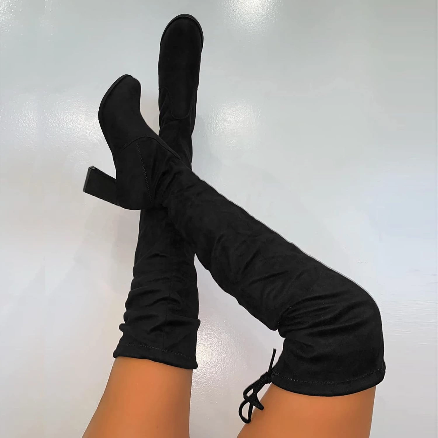 Crzidha Over The Knee High Boots for Women,Chunky High Heel Vintage Suede Back Drawstring Lace Up Thigh High Boots for Ladies Dressy Winter Fall Fashion Party Banquet High Heels Flat Heel Boots Knee High