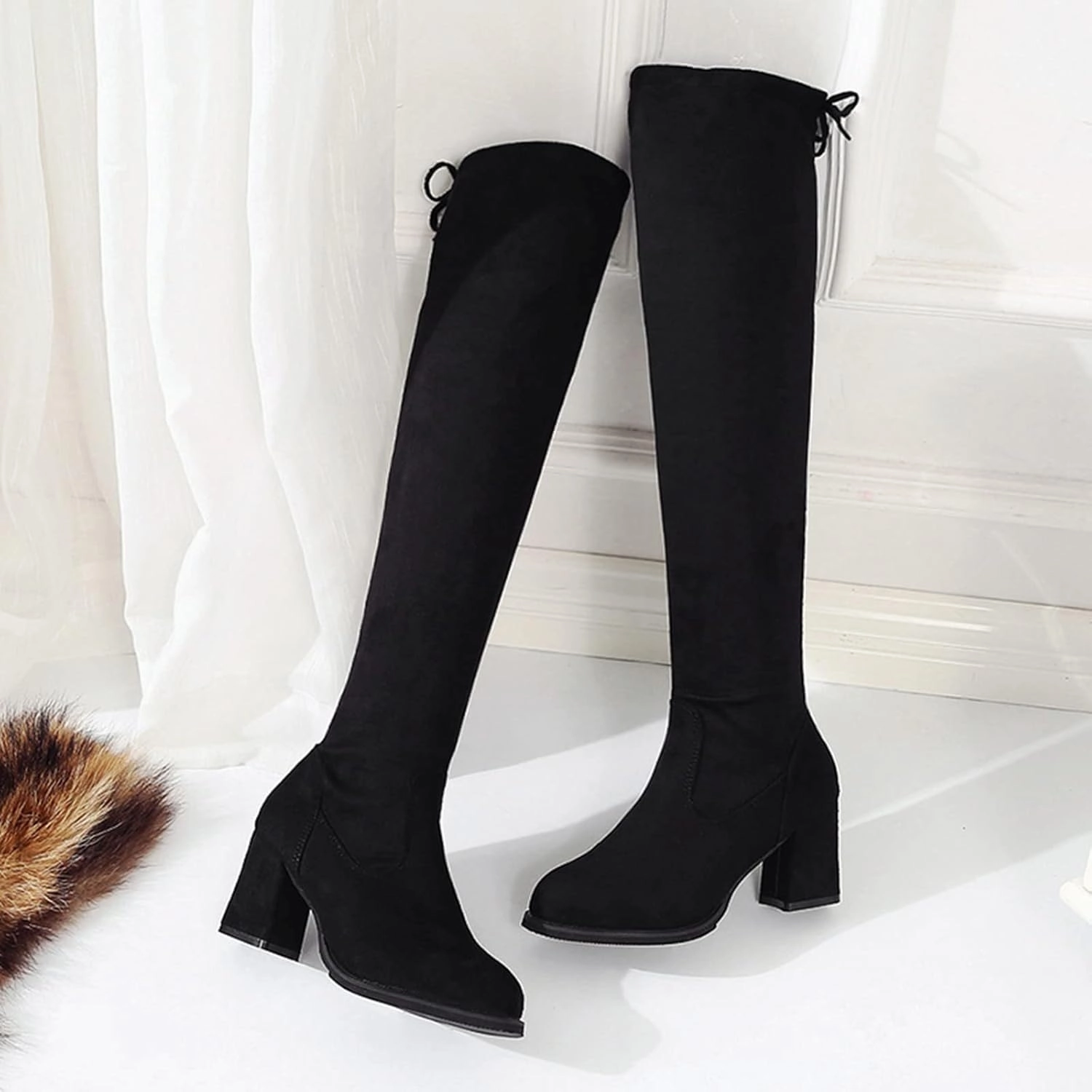 Crzidha Over The Knee High Boots for Women,Chunky High Heel Vintage Suede Back Drawstring Lace Up Thigh High Boots for Ladies Dressy Winter Fall Fashion Party Banquet High Heels Vegan Knee High