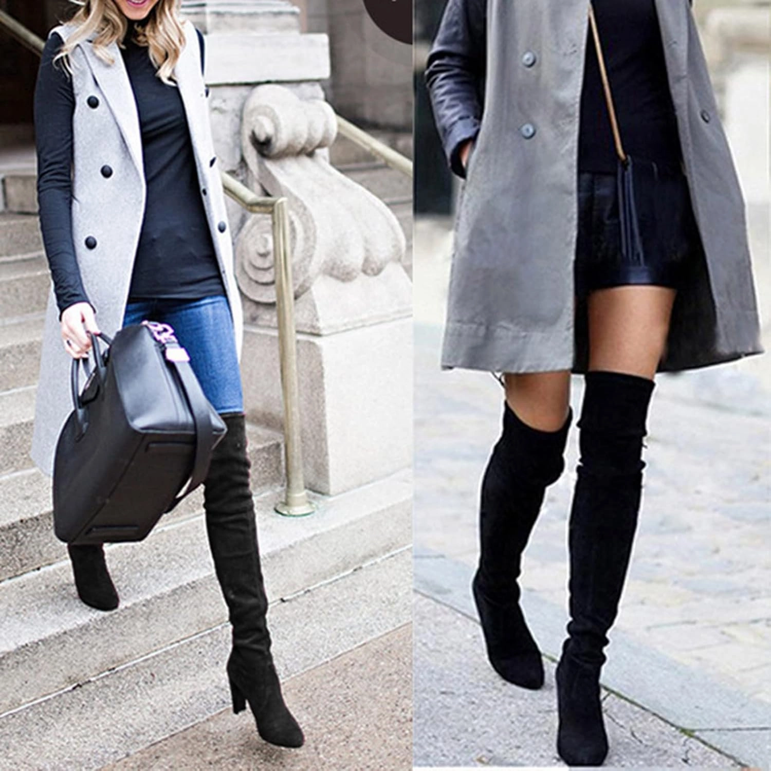 Crzidha Over The Knee High Boots for Women,Chunky High Heel Vintage Suede Back Drawstring Lace Up Thigh High Boots for Ladies Dressy Winter Fall Fashion Party Banquet High Heels Denim Skirt And Knee High Boots