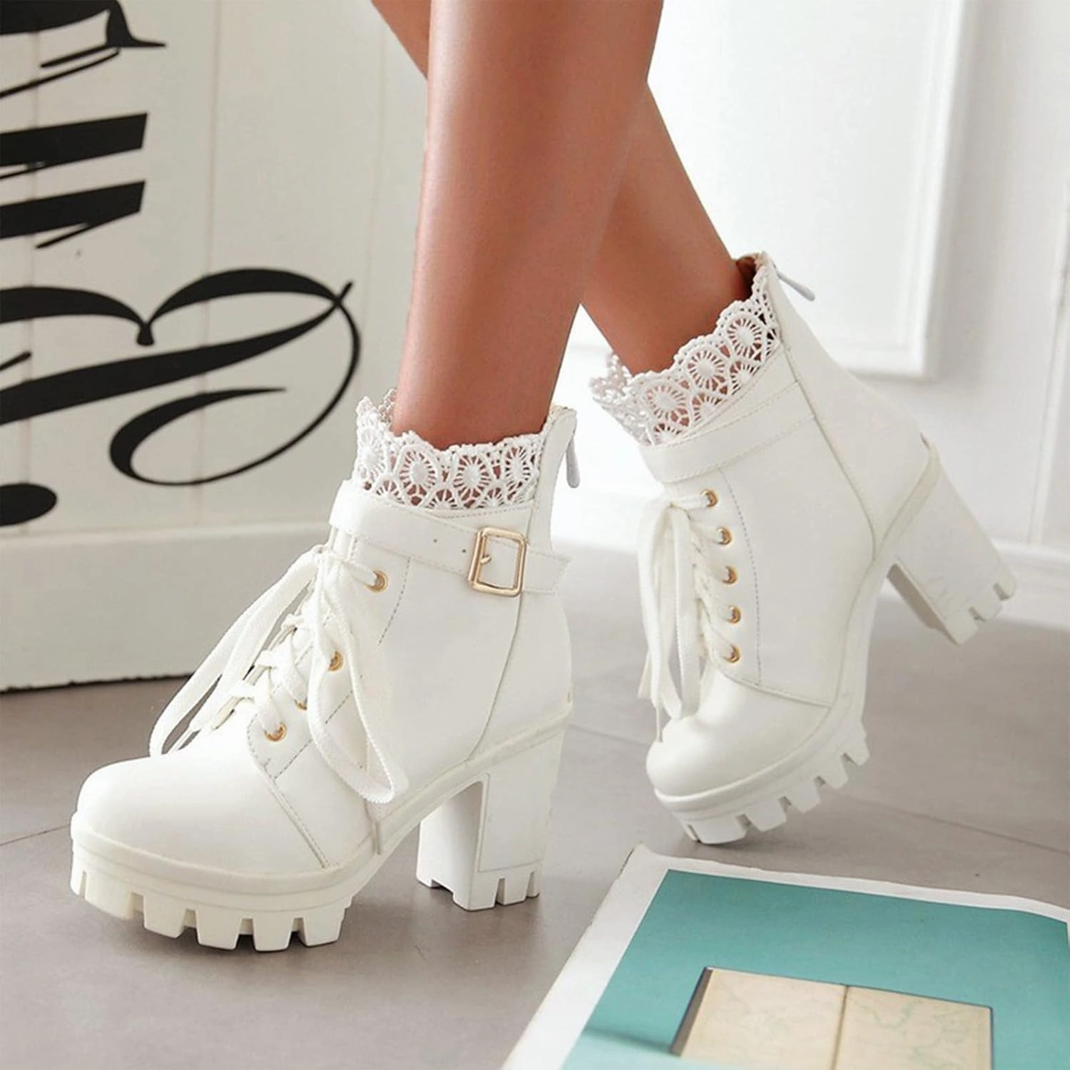 Faux Fur Lined Combat Boots Combat Boots Womens Cute Lace Trim Lolita Ankle Boots Chunky Heel Lace Up Buckle Lug Sole Girl'S Booties