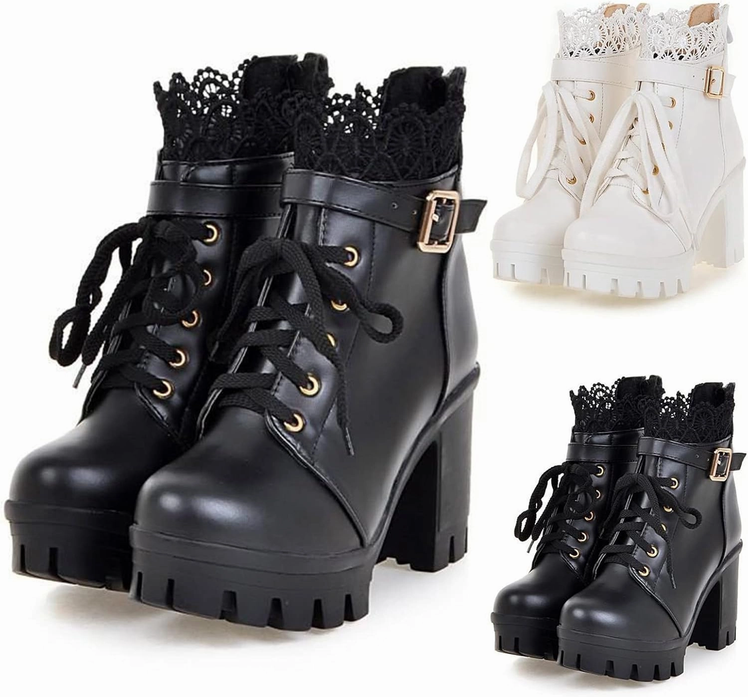 Combat Boots Womens Cute Lace Trim Lolita Ankle Boots Chunky Heel Lace Up Buckle Lug Sole Girl'S Booties Swedish Combat Boots