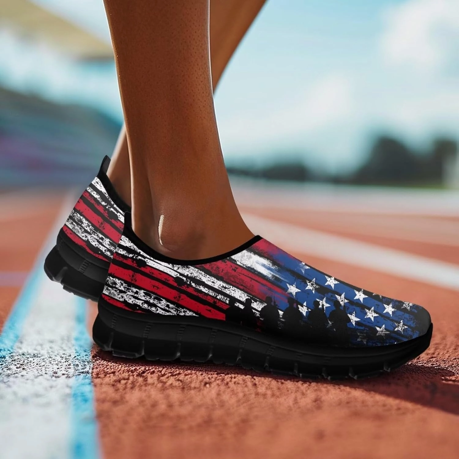 American Flag Walking Shoes for Women Slip On Casual Running Shoes Low Top Mesh Sport Shoes Lightweight Adult Jogging Shoes Wide Fitting Cycle Shoes