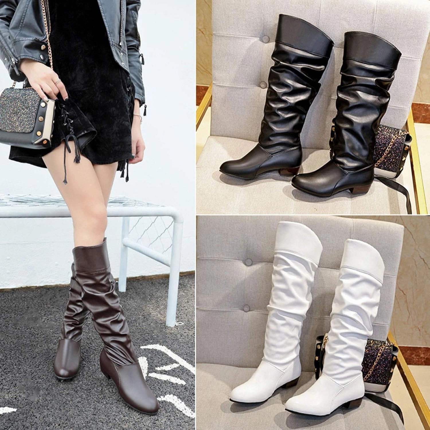 Ankle Boots For Women Pleated Knee High Boots Low Block Heel Thigh High Boots Over Knee Tall Long Bootie Jungle Combat Boots