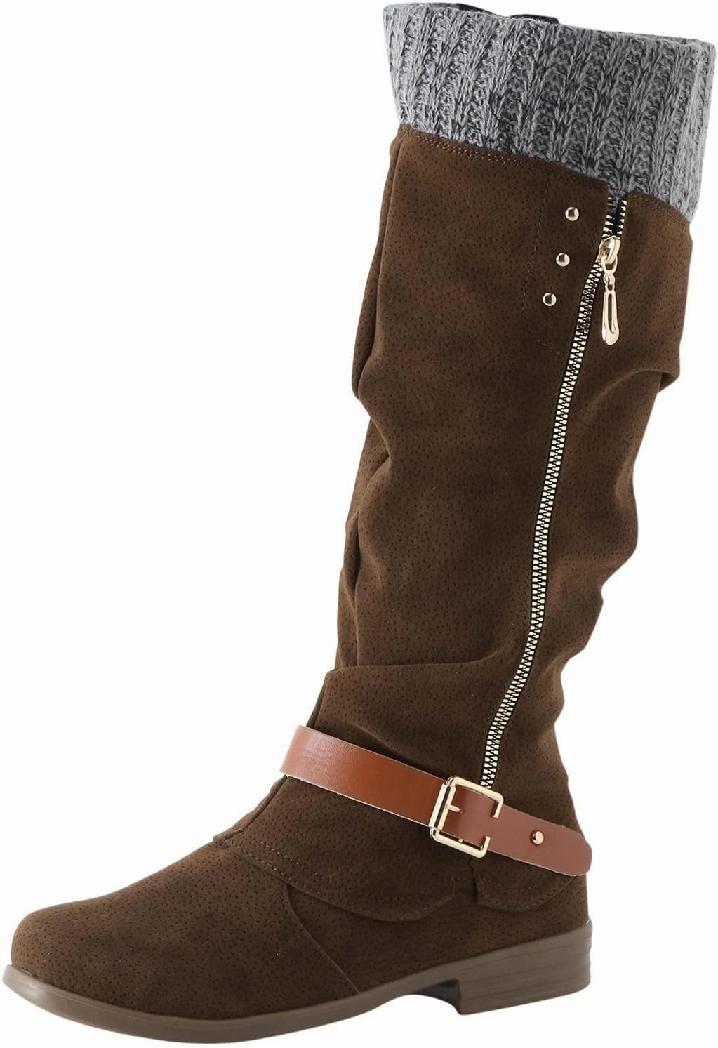 Aiden Patent Leather Combat Boots Ankle Boots For Women Retro Knit Elastic Mid-Calf Western Cowboy Boots Zipper Retro Round Toe Knee High Boots