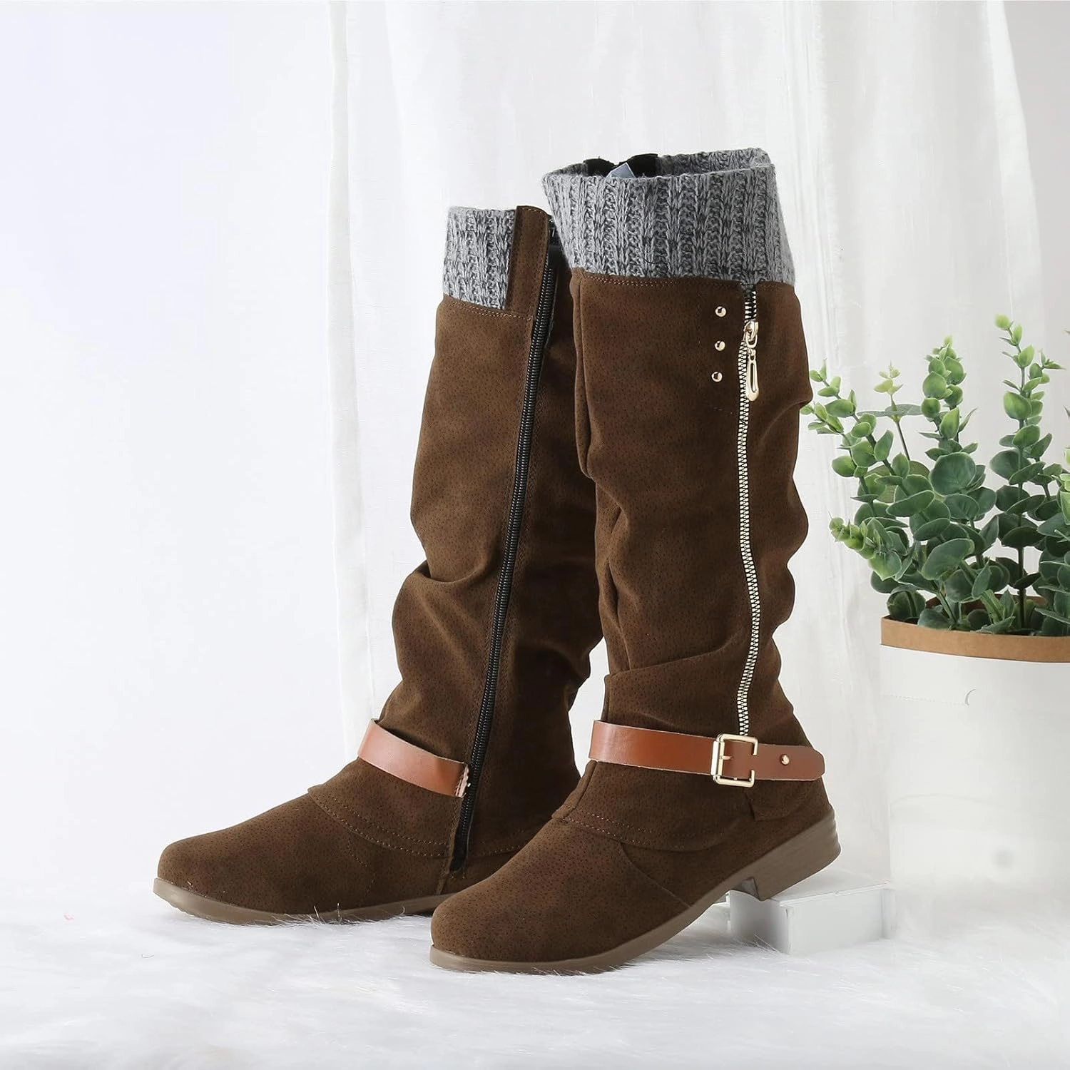 Ankle Boots For Women Retro Knit Elastic Mid-Calf Western Cowboy Boots Zipper Retro Round Toe Knee High Boots Laurie Platform Combat Boot