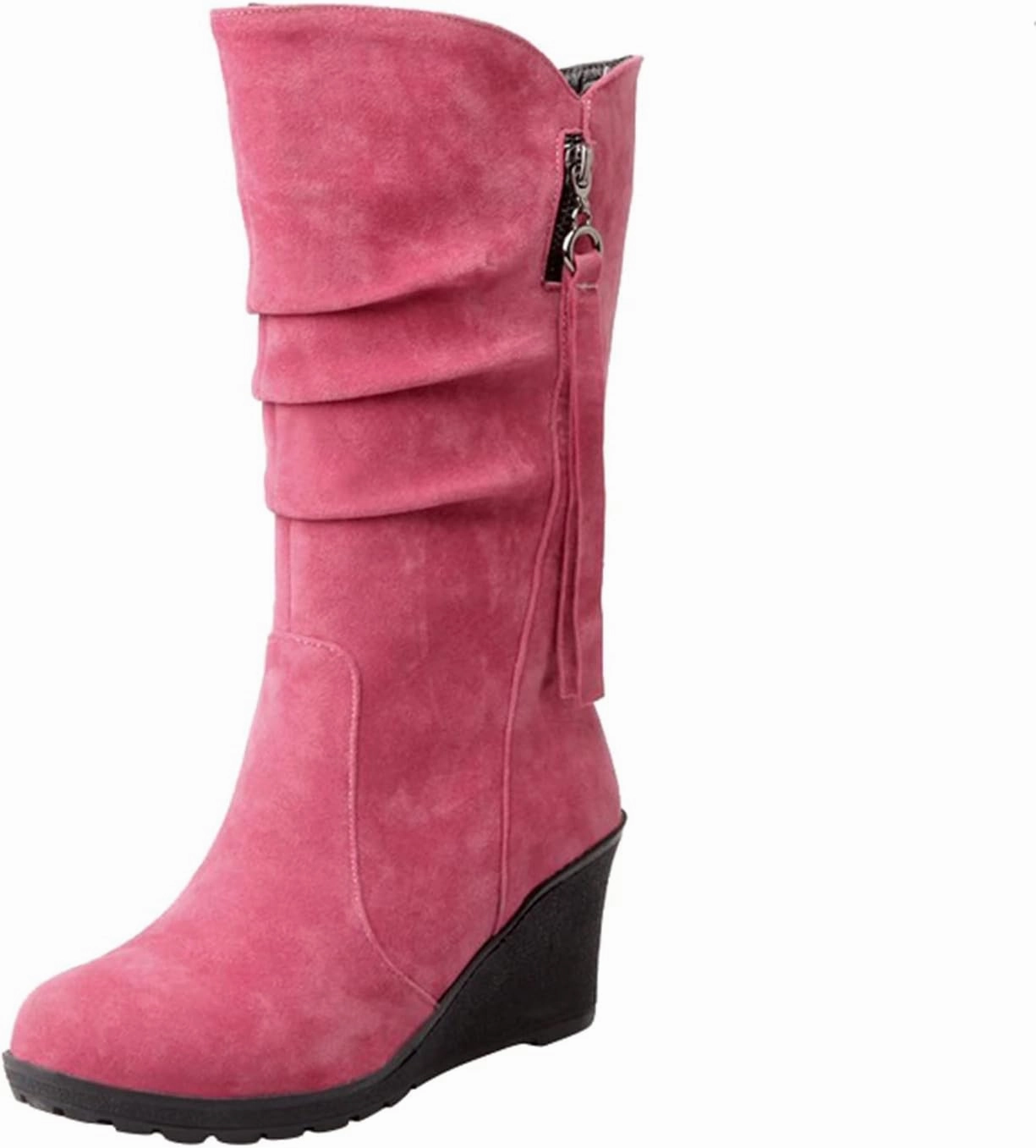 Ankle Boots For Women Retro Pleated Wedge Mid-Calf Western Cowboy Boots Zipper Cute Round Toe Knee High Boots Vintage Style Combat Boots