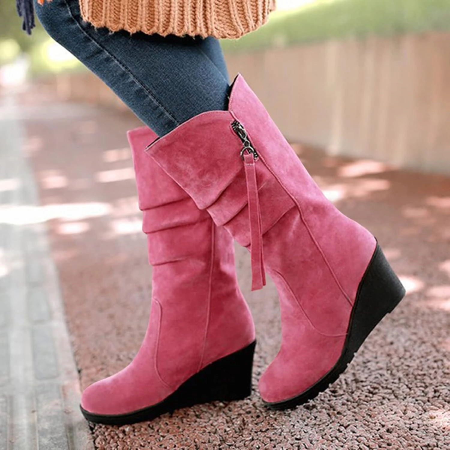 Ankle Boots For Women Retro Pleated Wedge Mid-Calf Western Cowboy Boots Zipper Cute Round Toe Knee High Boots Olive And Edie Combat Boots