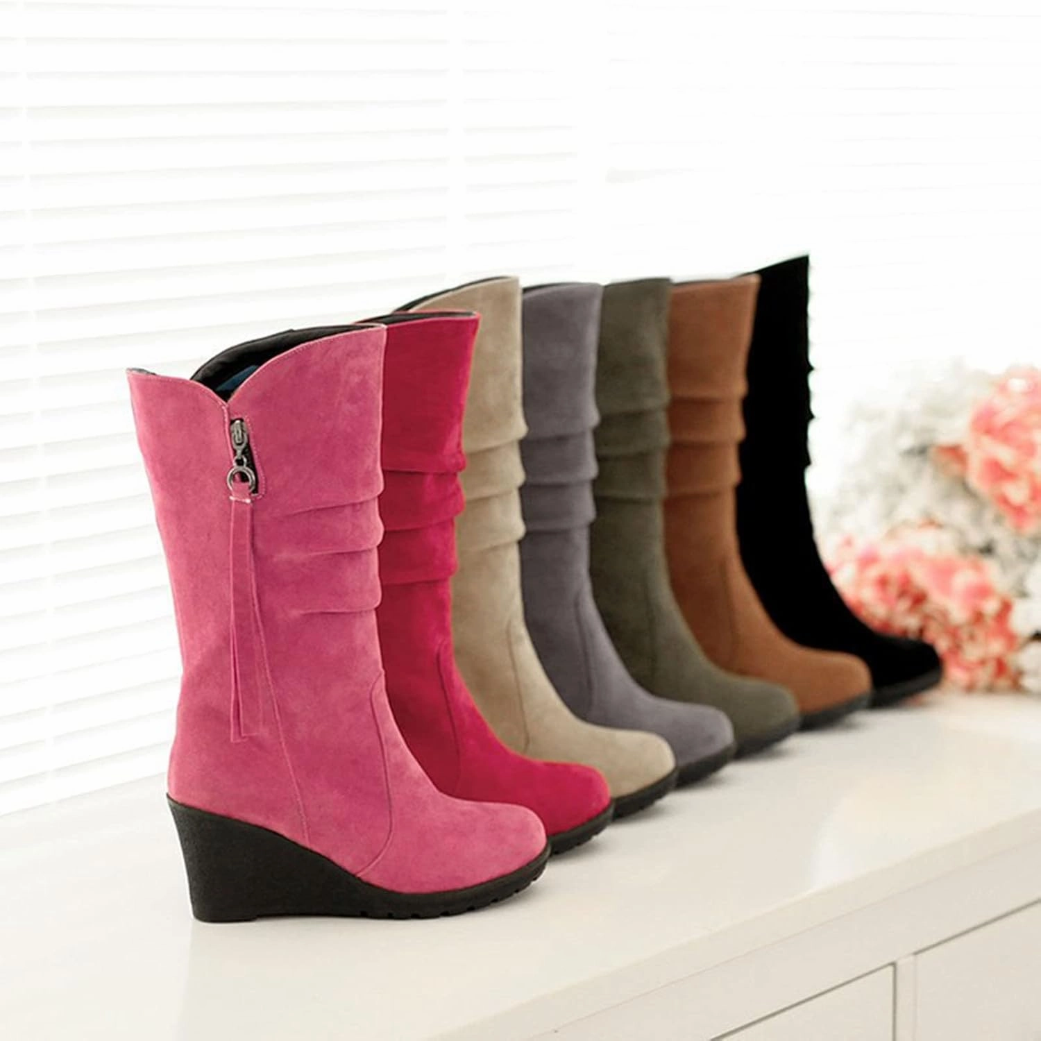 Ankle Boots For Women Retro Pleated Wedge Mid-Calf Western Cowboy Boots Zipper Cute Round Toe Knee High Boots Soda Combat Boots Amazon