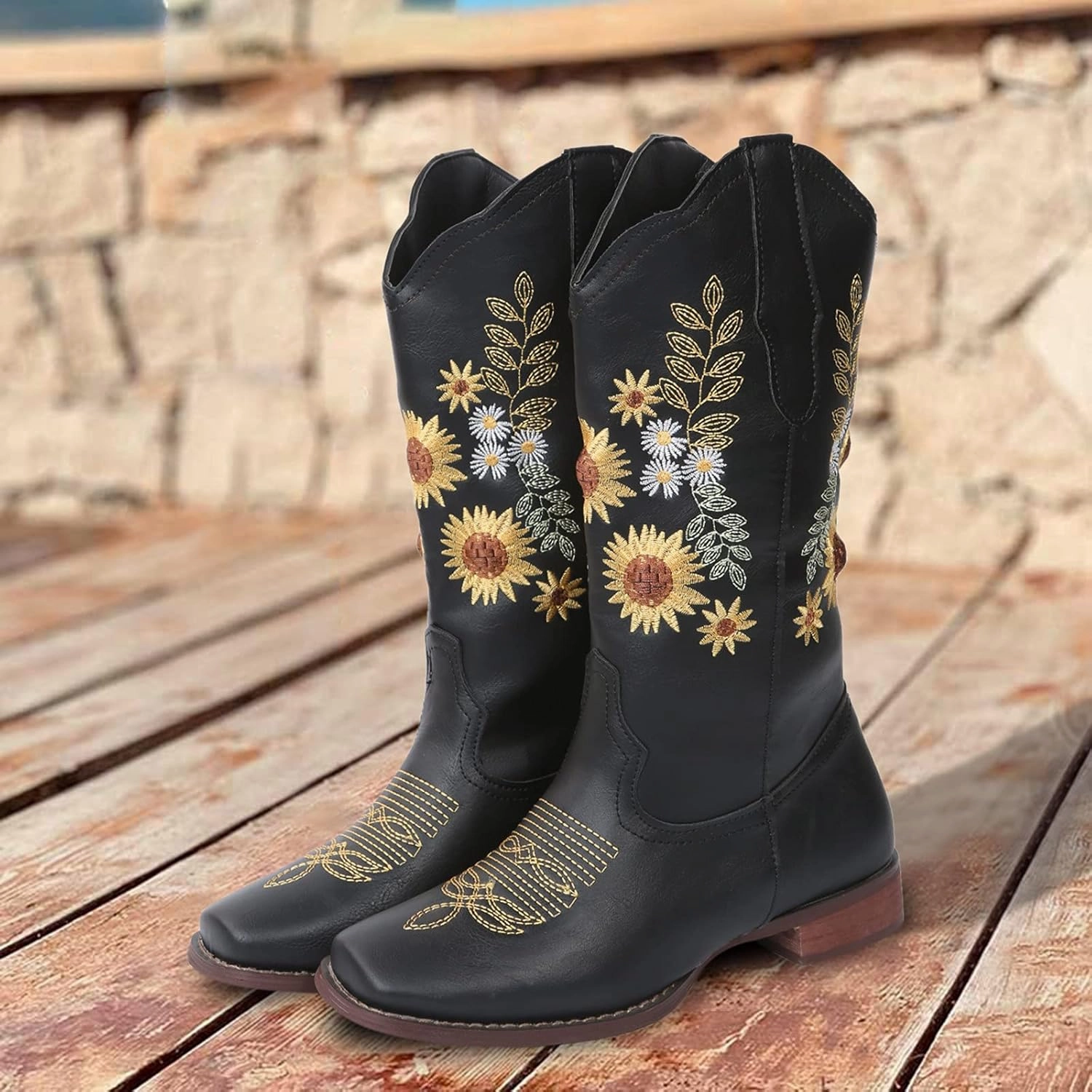 Comfy Combat Boots Ankle Boots For Women Sunflower Vintage Motorcycle Boots Embroidered Cowgirl Boots Mid Cowboy Western Boots