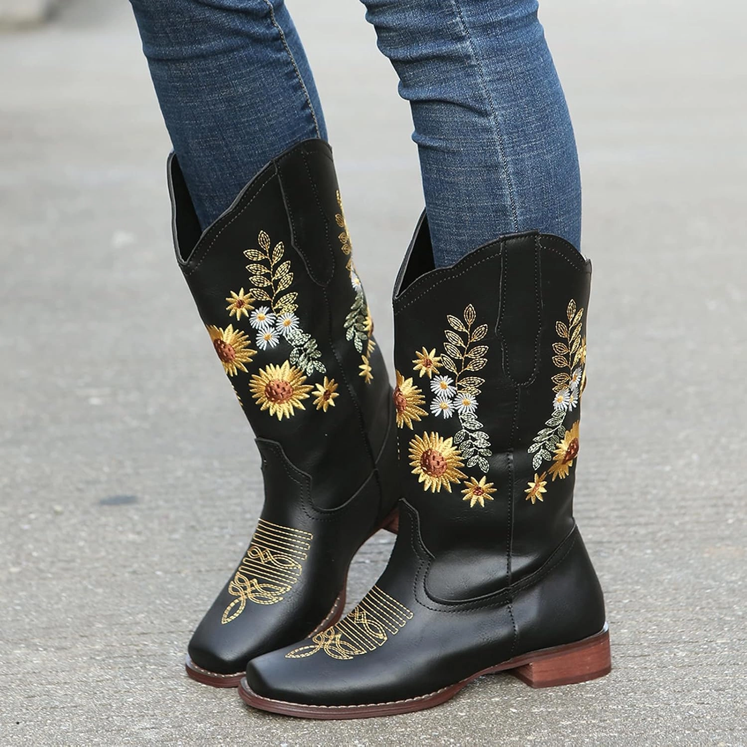 Orthopedic Combat Boots Ankle Boots For Women Sunflower Vintage Motorcycle Boots Embroidered Cowgirl Boots Mid Cowboy Western Boots