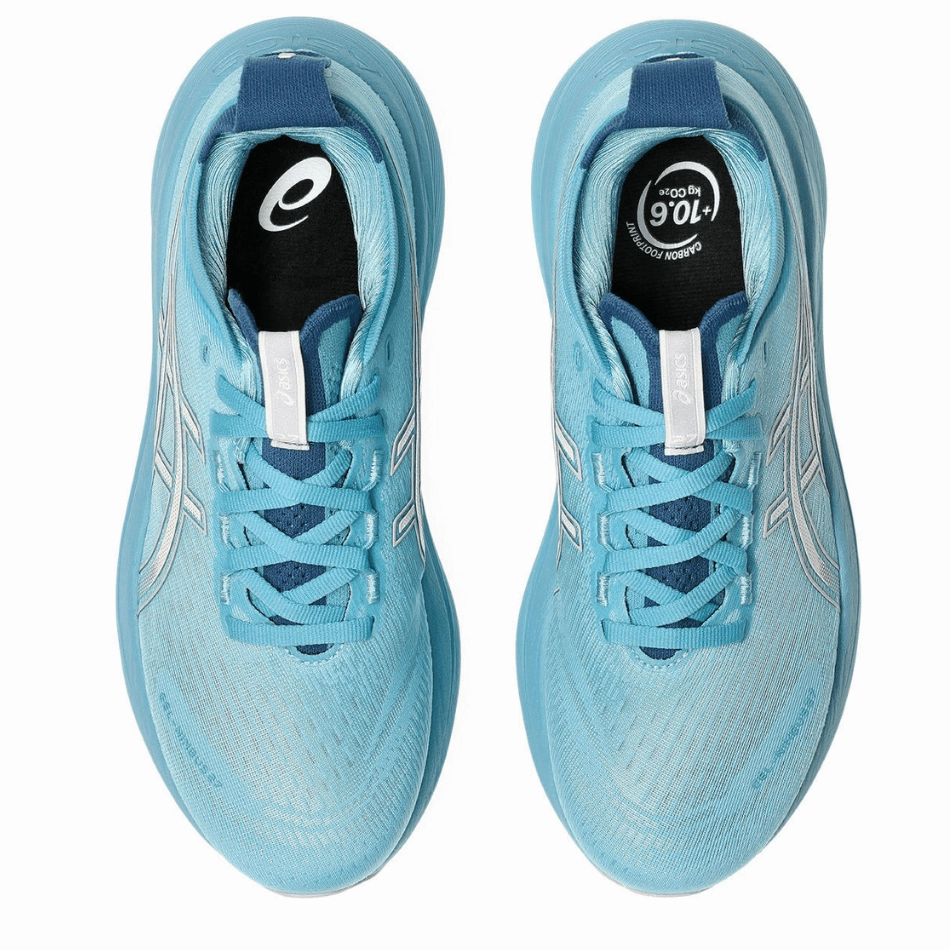 ASICS Women's GEL-NIMBUS 27 Running Shoes in Still Water/Cream AW25 Shop Deals On Asics Superblast 2 Running Shoes