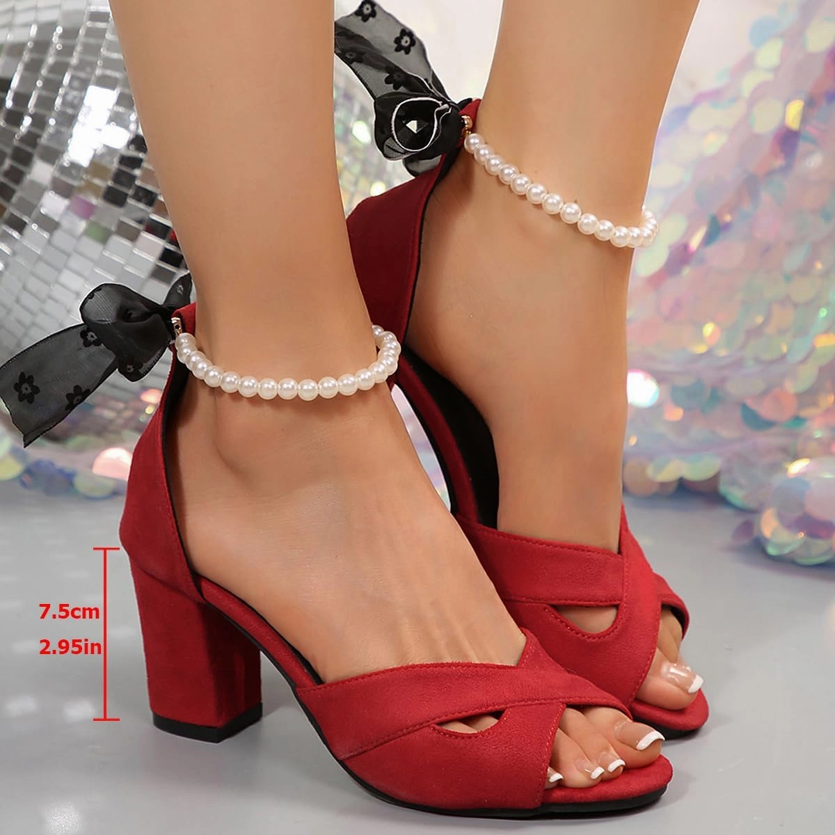 SACFOF Women's Pearl Chunky Block Sandals High Heel with Pearls Ankle Strap Wedding Shoes Open Toe Dressy Pumps Sandals Best Tennis Shoes For Standing All Day