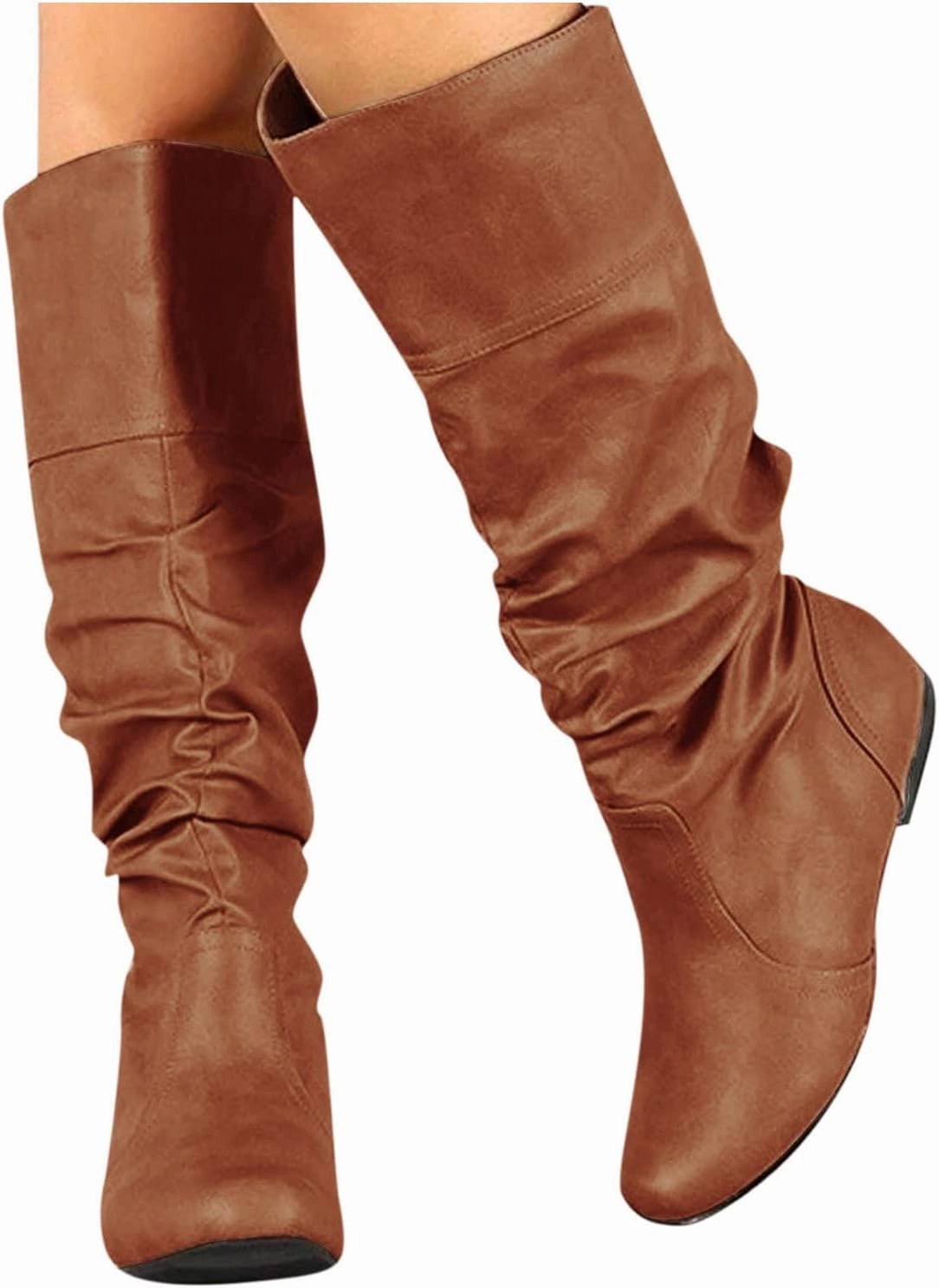Boots for Women Knee High Flat Bottom Slouchy Tall Boots Pull On Almond Toe Thigh High Fashion Fall Winter Dressy Boots Total Knee High Boot