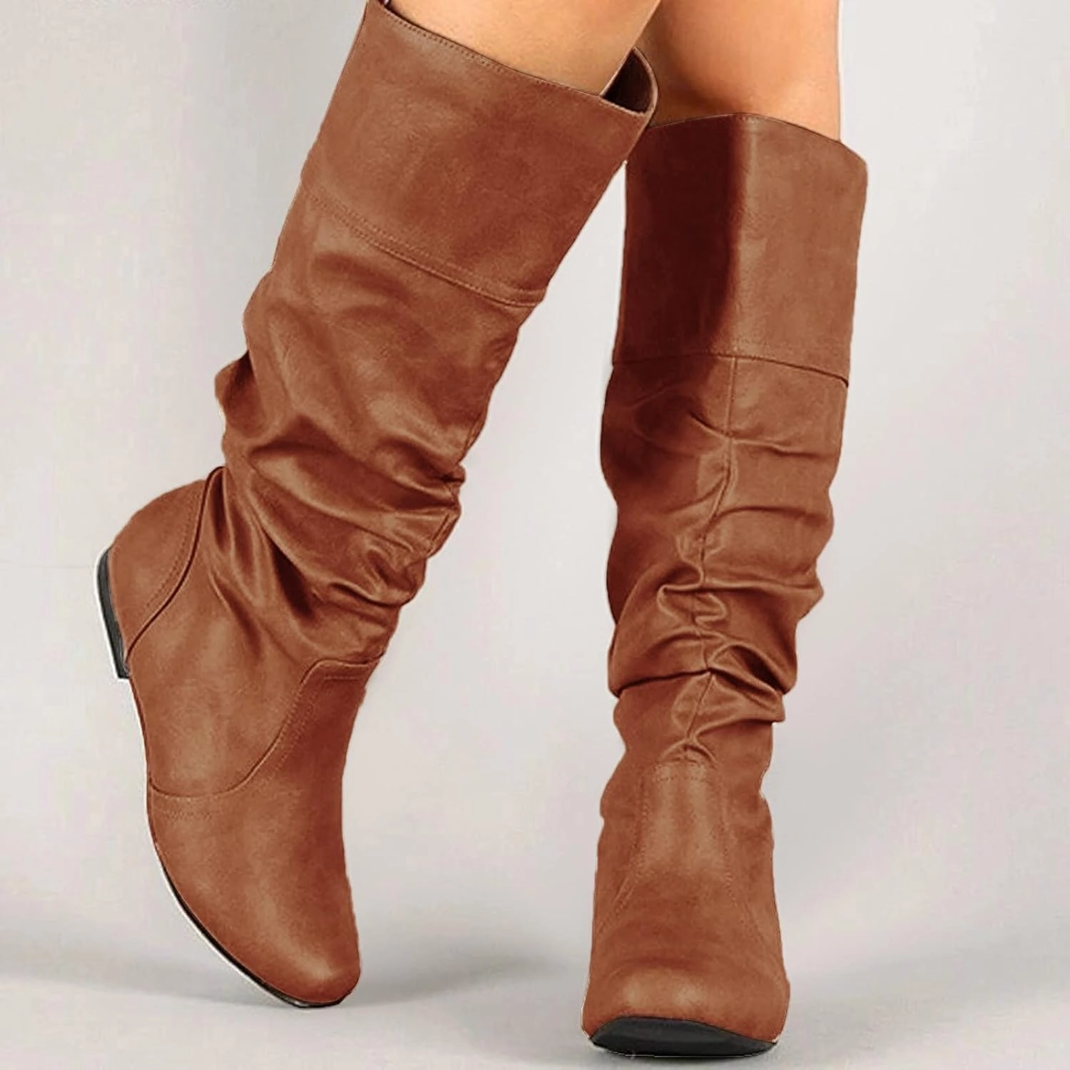 Boots for Women Knee High Flat Bottom Slouchy Tall Boots Pull On Almond Toe Thigh High Fashion Fall Winter Dressy Boots Suede Knee High Boots Outfit
