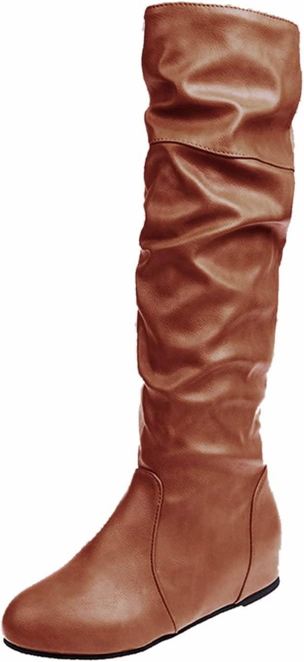 Boots for Women Knee High Flat Bottom Slouchy Tall Boots Pull On Almond Toe Thigh High Fashion Fall Winter Dressy Boots Magalli Knee-high Leather Boots