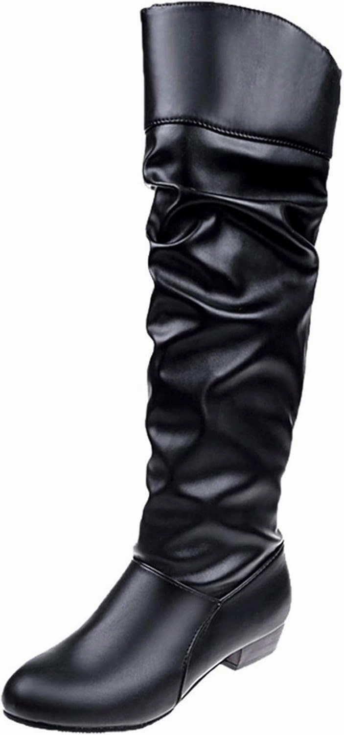 Combat Boots Trendy Boots For Women Pleated Knee High Boots Low Block Heel Thigh High Boots Over Knee Tall Long Bootie