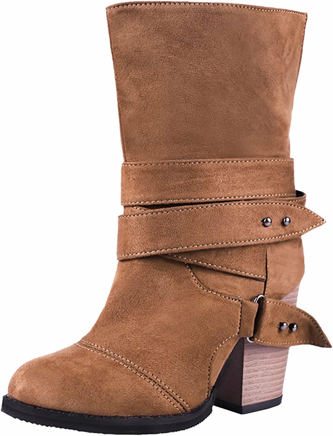 Rave Combat Boots Boots For Women Retro Belt Buckle Mid-Calf Western Cowboy Boots Pull On Chunky Heel Ankle Work Boots