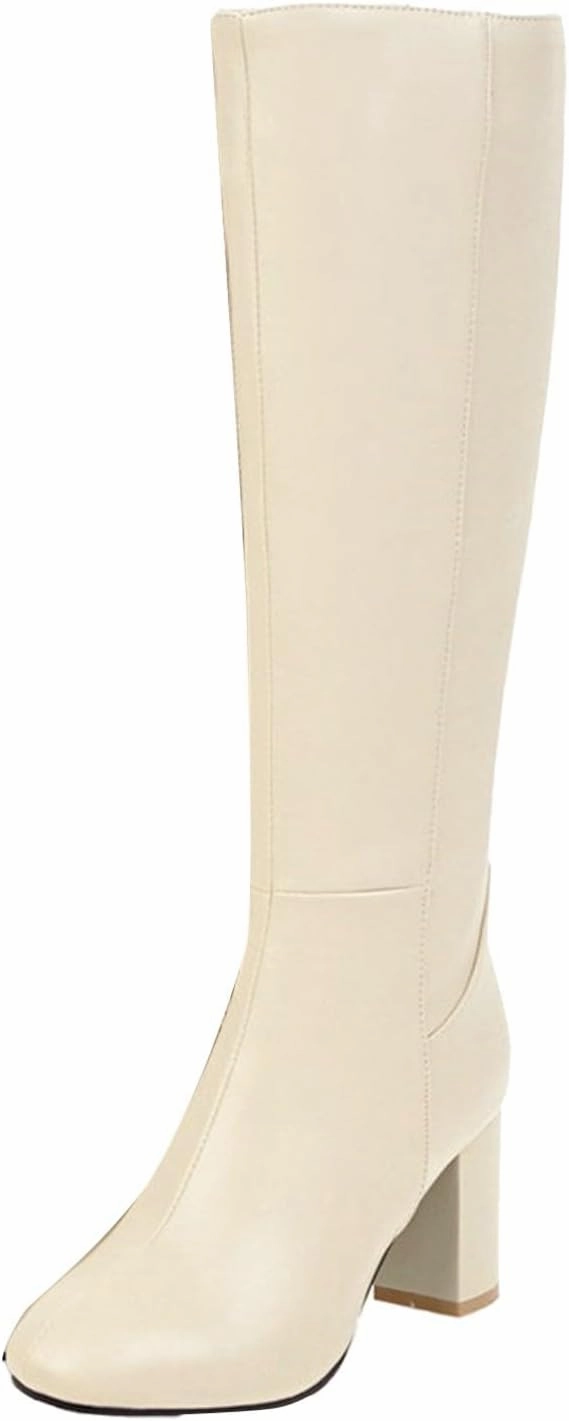 Knee High Boots Rubber Sole Women's Knee High Boots - Chunky Heel, Pointed Toe, Leather, Side Zipper - Winter Boots for Women High Heels Booties