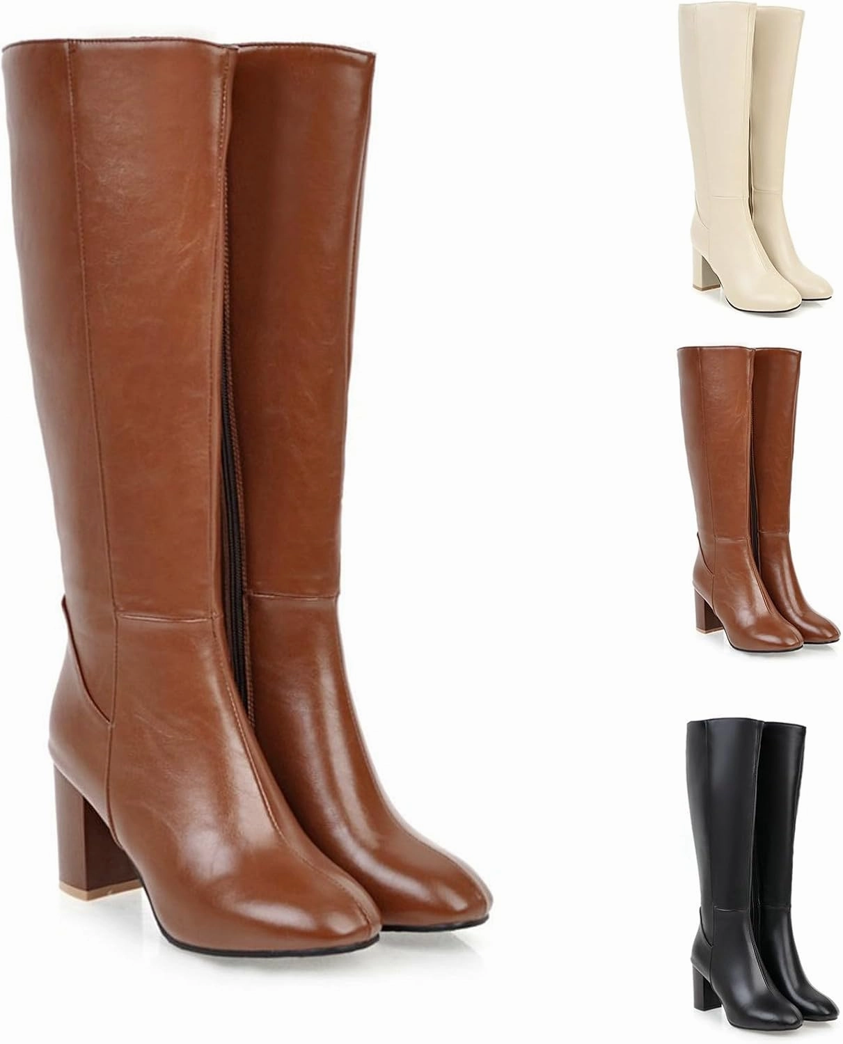 Women's Knee High Boots - Chunky Heel, Pointed Toe, Leather, Side Zipper - Winter Boots for Women High Heels Booties Leather High Knee Boots