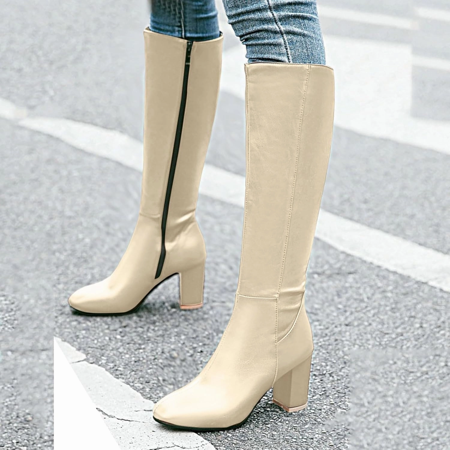 Top Rated Knee High Boots Women's Knee High Boots - Chunky Heel, Pointed Toe, Leather, Side Zipper - Winter Boots for Women High Heels Booties