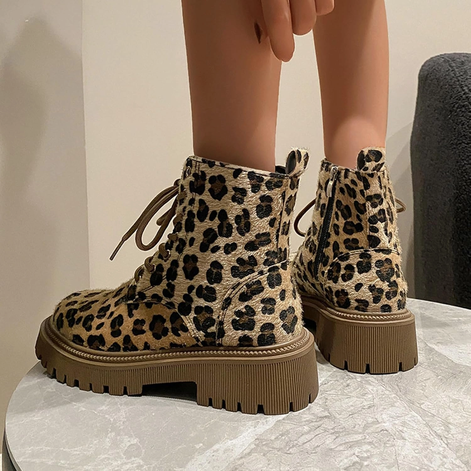 Platform Boots Women's Y2K Leopard Print Lace-Up Combat Boots Thick Platform Gothic Halloween Bootie Non-Slip Combat Boots Work Outfit