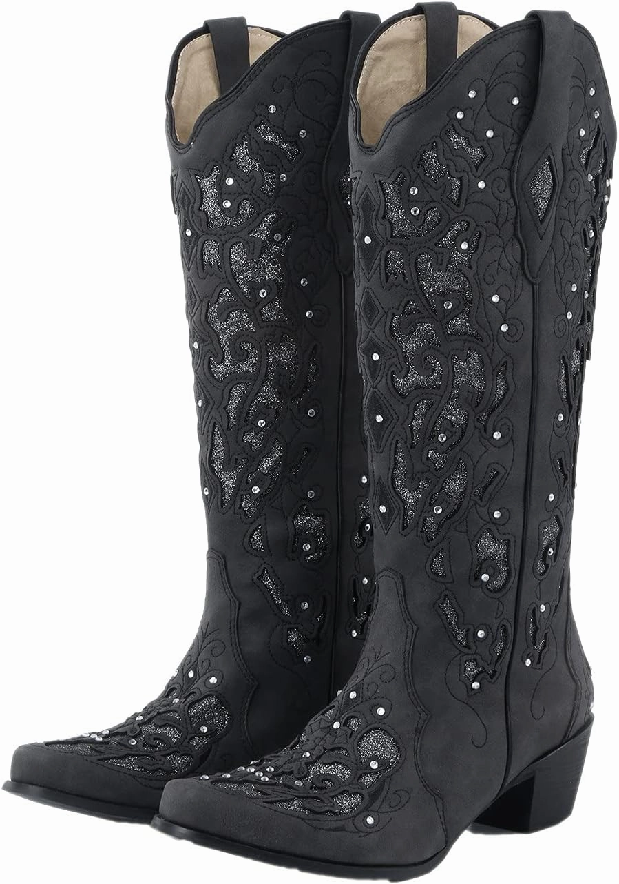 Cheap Combat Boots Cowboy Boots For Women Rhinestone Western Chunky Heel Boots Retro Pull On Embroidered Knee High Cowboy Boots