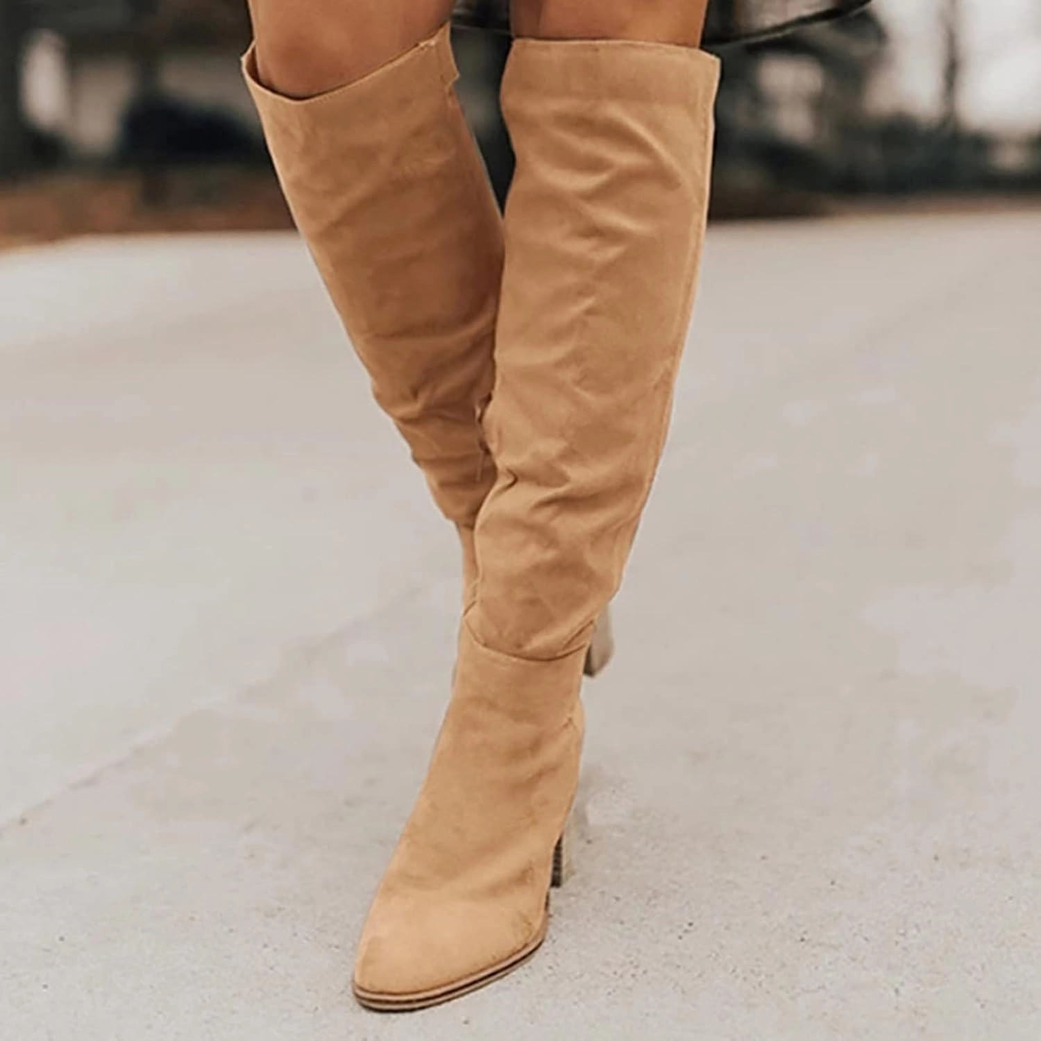 Knee High Boots for Women Cowboy Boots for Women Flock Suede Chunky Heels Pointed Toe Zip up Thigh High Boots Outdoor Knee High Creeper Boots