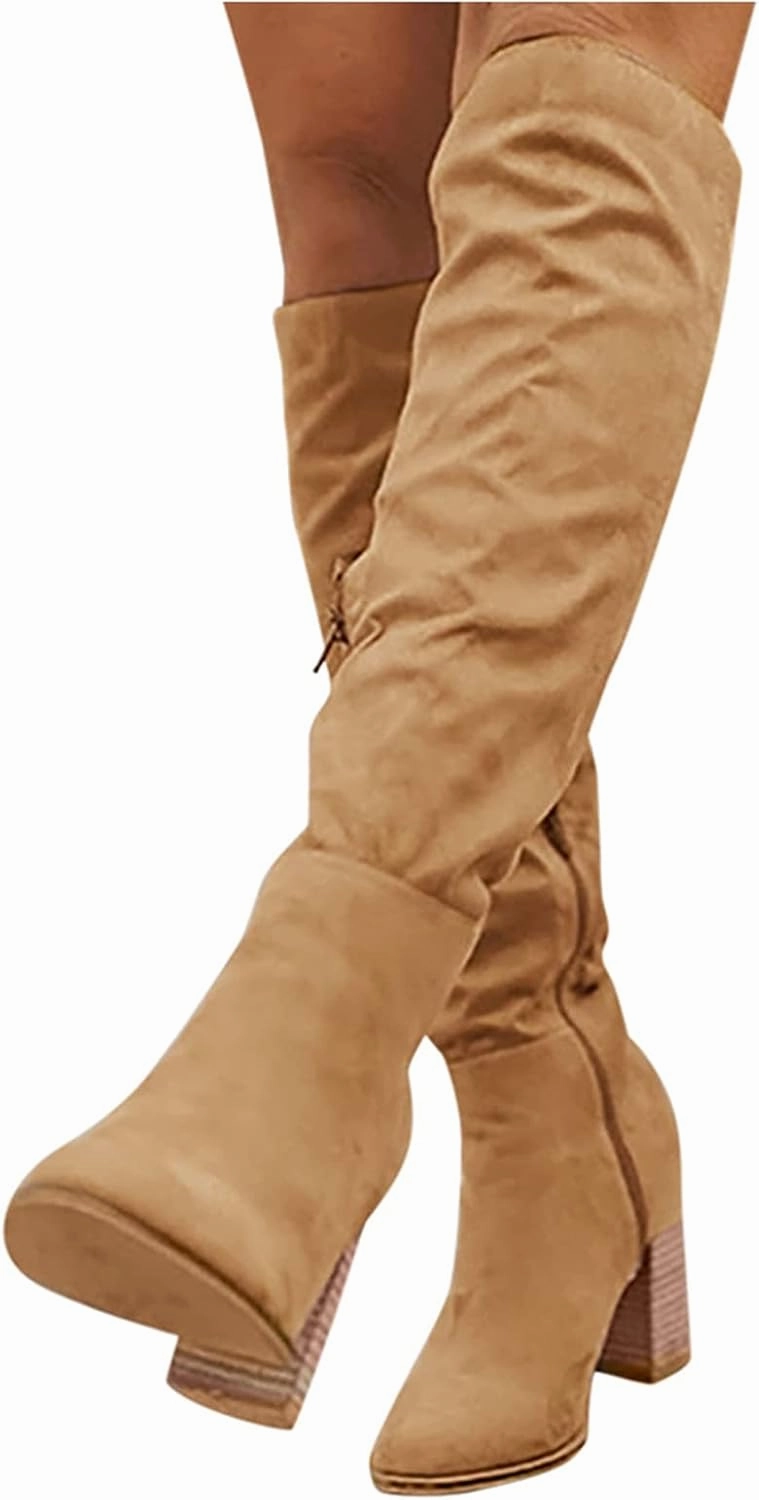 Knee High Boot With Block Heel Knee High Boots for Women Cowboy Boots for Women Flock Suede Chunky Heels Pointed Toe Zip up Thigh High Boots Outdoor