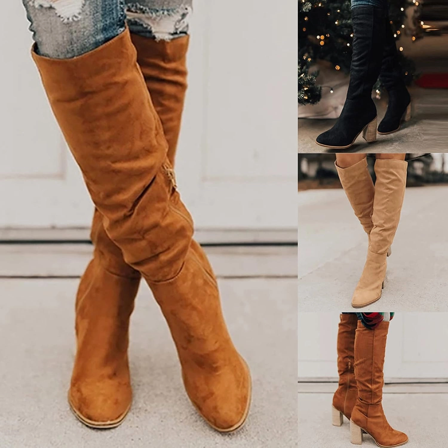 Knee High Boots for Women Cowboy Boots for Women Flock Suede Chunky Heels Pointed Toe Zip up Thigh High Boots Outdoor Zodiac Riona Knee High Boot