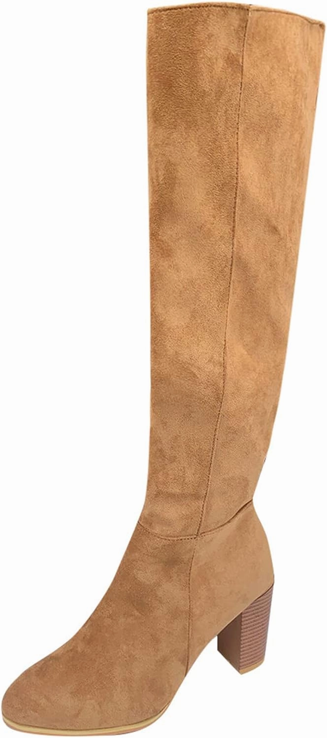 Knee High Boots for Women Cowboy Boots for Women Flock Suede Chunky Heels Pointed Toe Zip up Thigh High Boots Outdoor Kaydin Knee High Boot