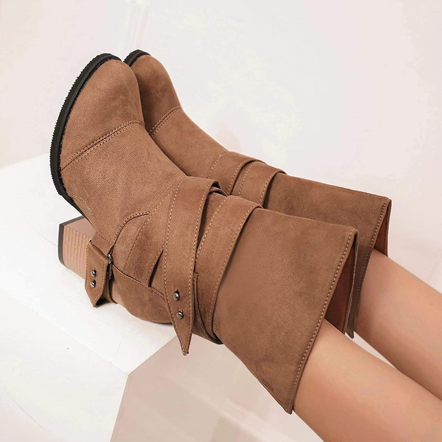 Winter Boots For Women Retro Belt Buckle Mid-Calf Western Cowboy Boots Pull On Chunky Heel Ankle Work Boots Cool Ways To Lace Combat Boots