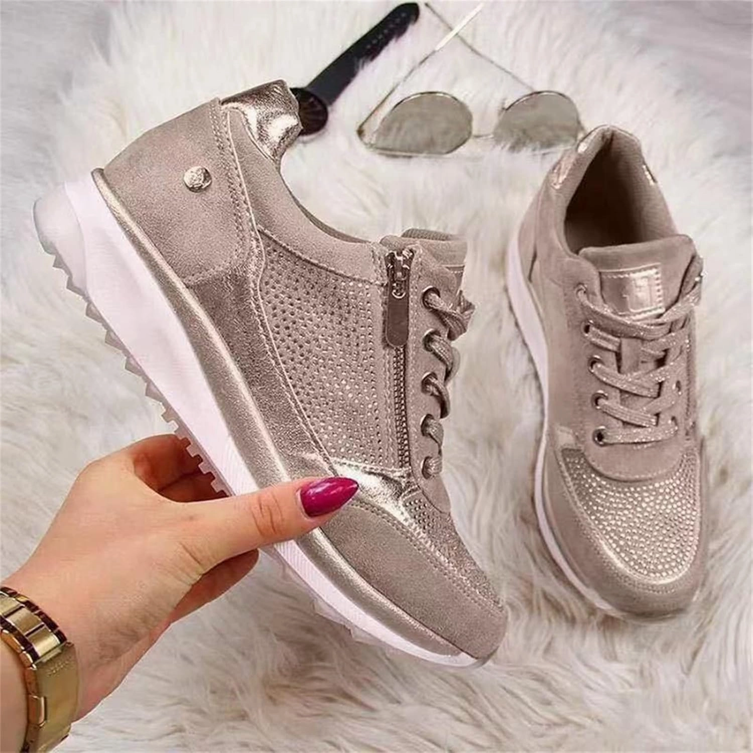 Ladmiple Sneakers For Women Walking Shoes Wide Width Slip on Glitter Shoes Fashion Dressy Summer Sparkly Flats Loafers Casual Shoes Slip On