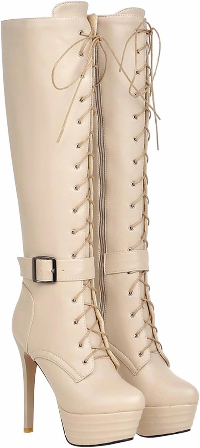 Women's Platform Lace Up Stiletto High Heels Knee High Boots Round Toe Side Zipper Buckle Riding Combat Boots Leather Knee High Dress Boots