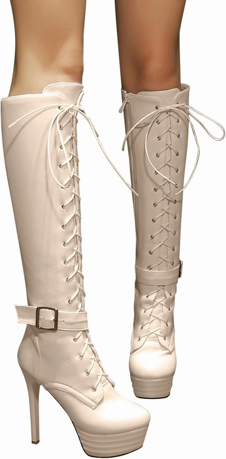 Women's Platform Lace Up Stiletto High Heels Knee High Boots Round Toe Side Zipper Buckle Riding Combat Boots Knee High Wedge Boots Suede