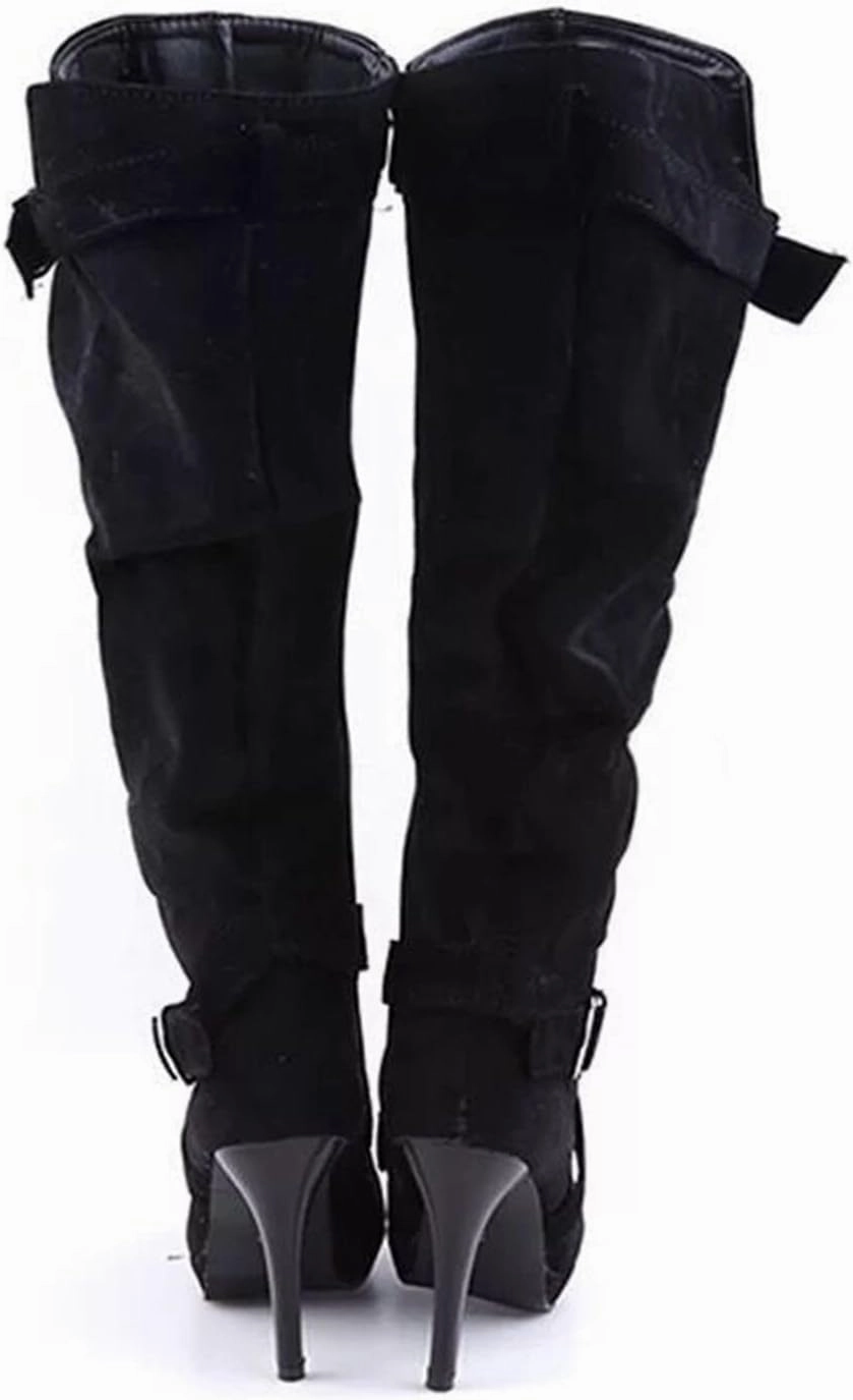 wodceeke Women's Stiletto High Heel Suede Boots Knee High Platform Sexy Boots Side Zippr Winter Dress Boots Knee High Hooker Boots