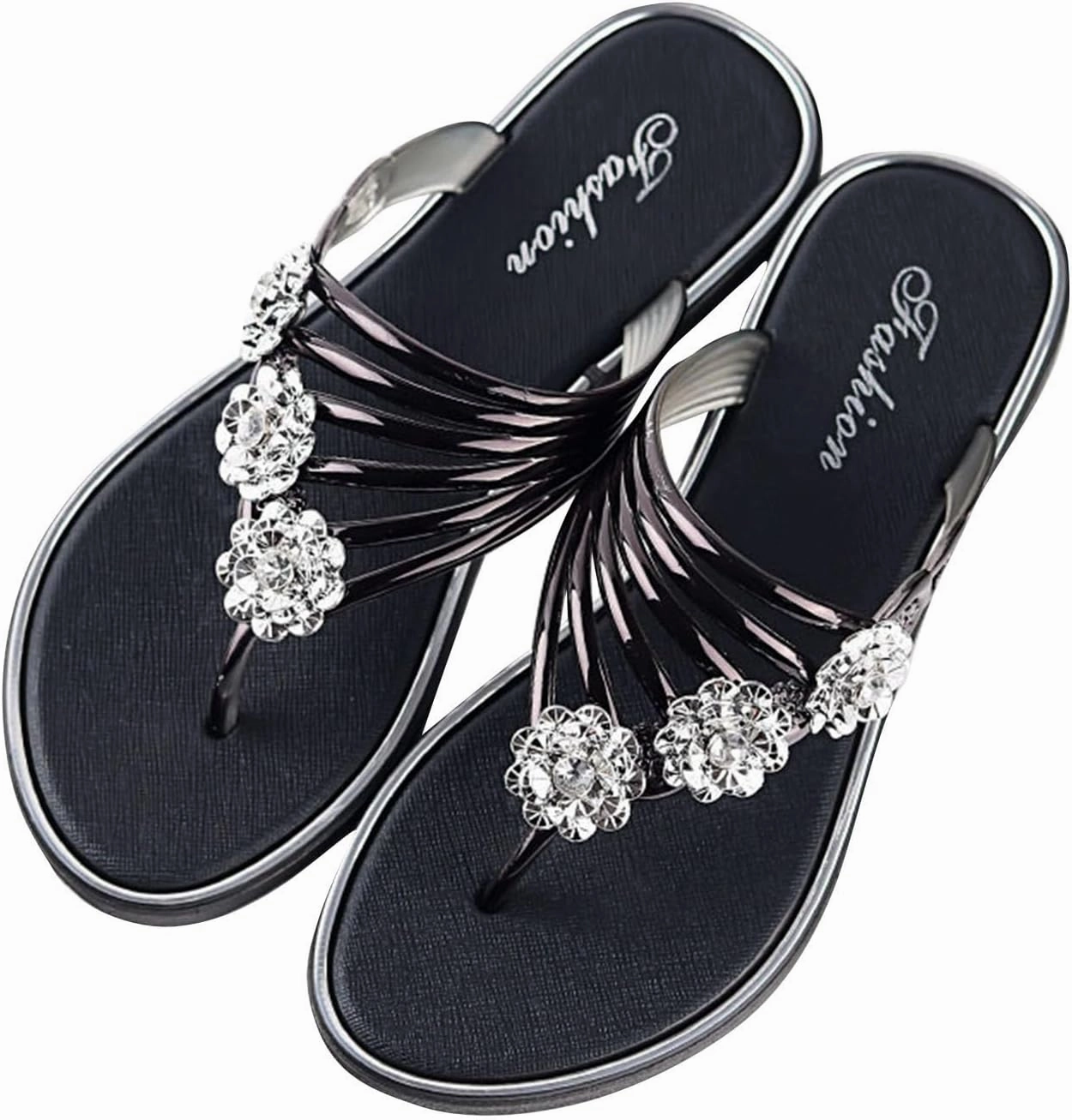 Fitness Flip Flops Women Rhinestone Boho Flip Flops Summer Comfort Beach Slippers Clip Toe Slide Sandal Bohemian Thong Sandals Flats