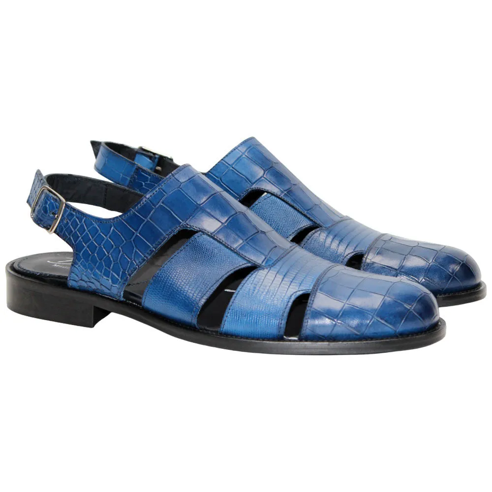 Positano Blue Calfskin Exotic Print Sandal | Duca Dress Sandals for Men Split Toe Dress Shoes
