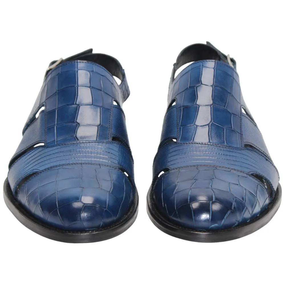 Positano Blue Calfskin Exotic Print Sandal | Duca Dress Sandals for Men Casual Dress Shoes Nearby