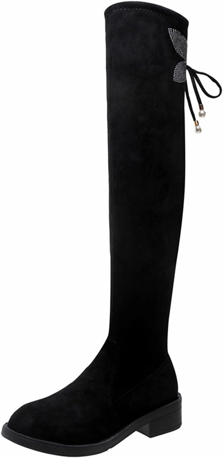 Over The Knee Boots for Women Knee High Boots Women Thick Heel Rhinestone Bow Boots High Heel Thin Elastic Boots Havasu Knee High Boots