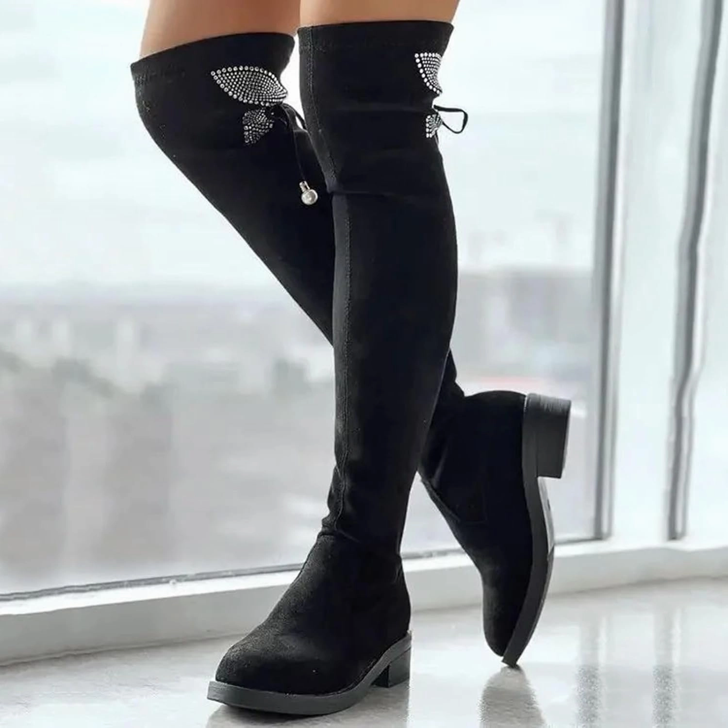 Over The Knee Boots for Women Knee High Boots Women Thick Heel Rhinestone Bow Boots High Heel Thin Elastic Boots Knee High Distressed Leather Boots