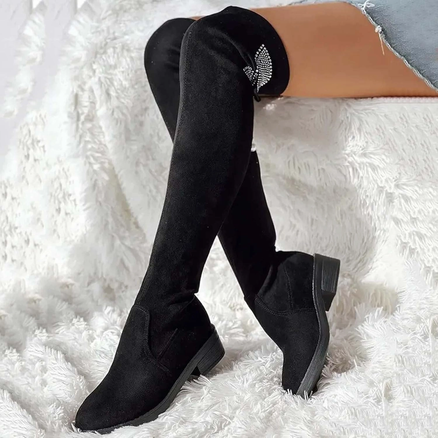 Over The Knee Boots for Women Knee High Boots Women Thick Heel Rhinestone Bow Boots High Heel Thin Elastic Boots Merina Knee High Riding Boots