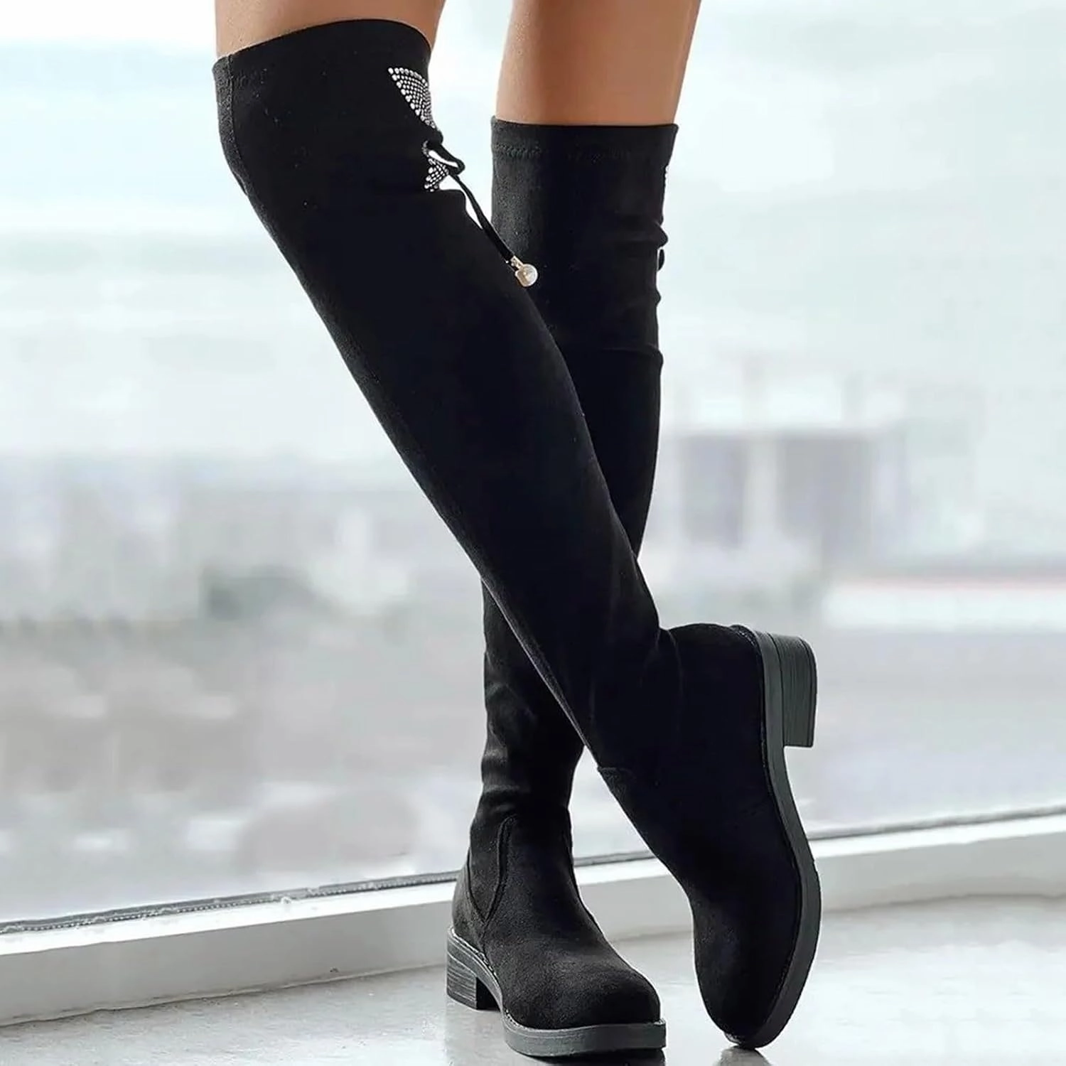 Genuine Leather Boots Knee High Over The Knee Boots for Women Knee High Boots Women Thick Heel Rhinestone Bow Boots High Heel Thin Elastic Boots