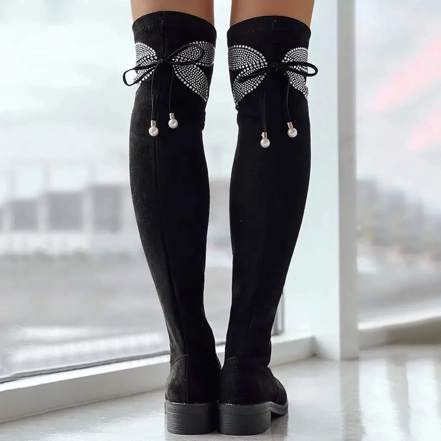 Over The Knee Boots for Women Knee High Boots Women Thick Heel Rhinestone Bow Boots High Heel Thin Elastic Boots Thigh High Vs Knee High Boots
