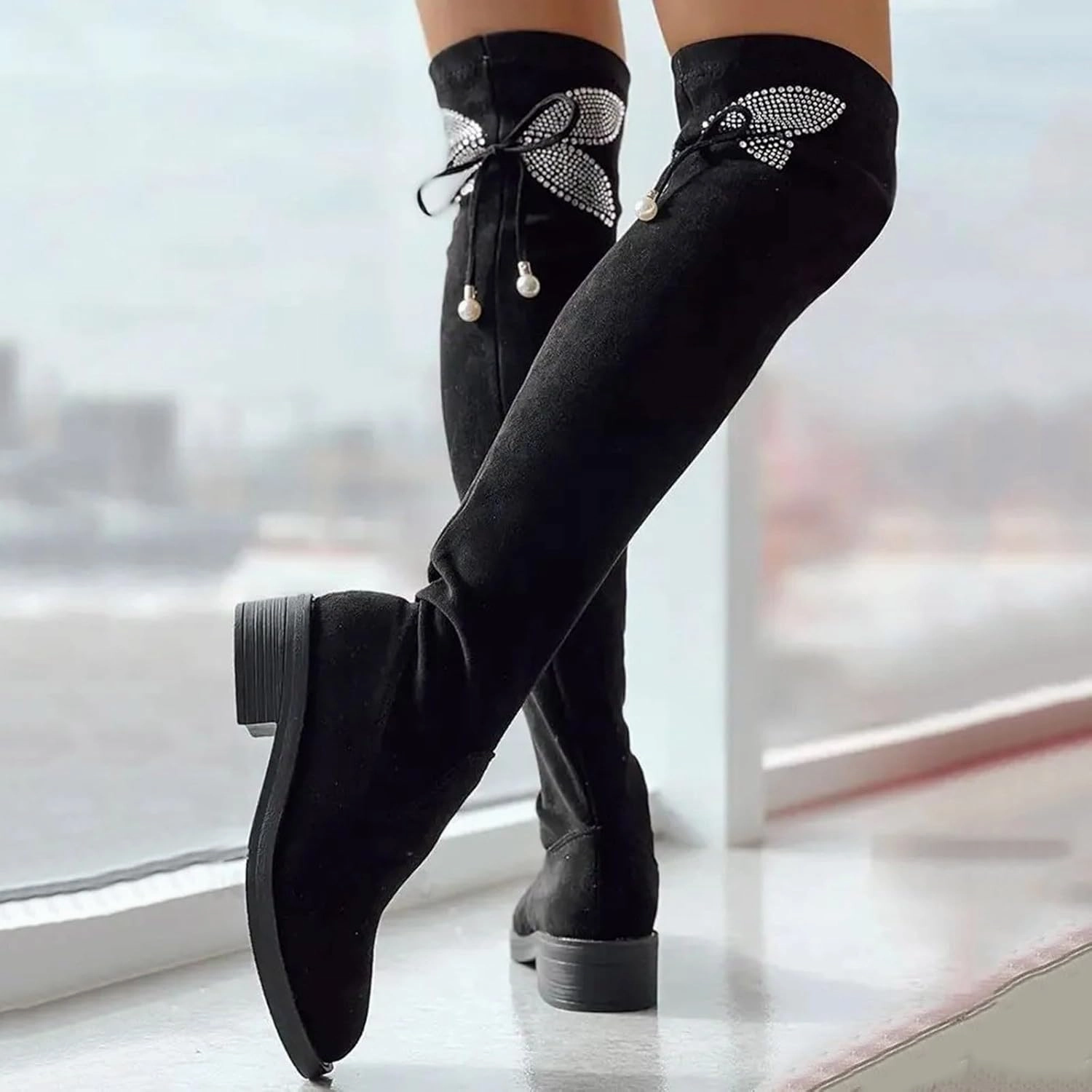 Best Knee-high Boots For Petites Over The Knee Boots for Women Knee High Boots Women Thick Heel Rhinestone Bow Boots High Heel Thin Elastic Boots